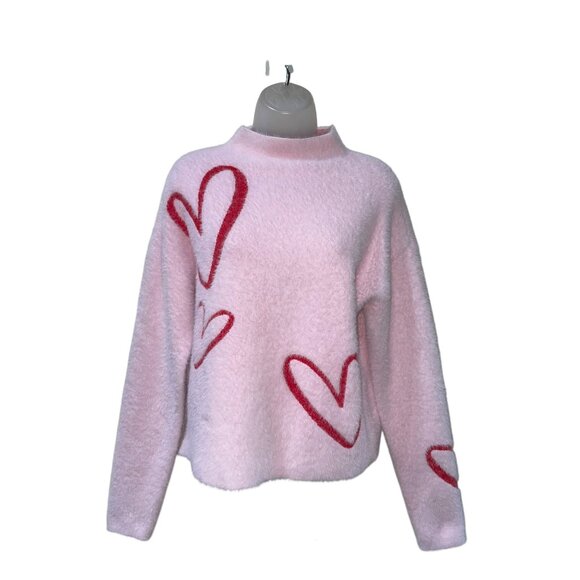 Rachel Zoe Pink Pullover Sweater With Red Hearts Print Mock Neck Womens Medium S - Picture 2 of 8